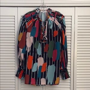 Crosby by Mollie Burch Abstract Graphic Tie Front Blouse EUC